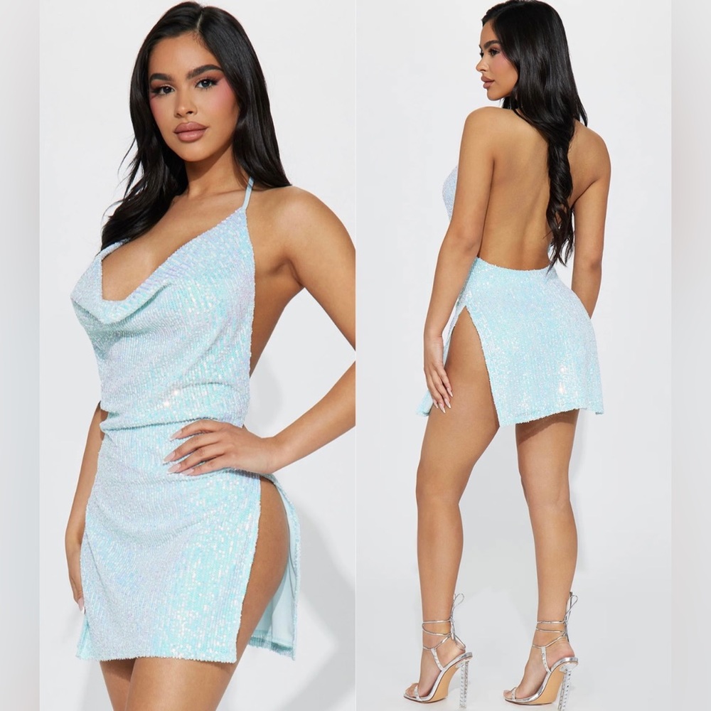 Fashion Nova Feeling Frisky Aqua Sequin Halter Mini Dress